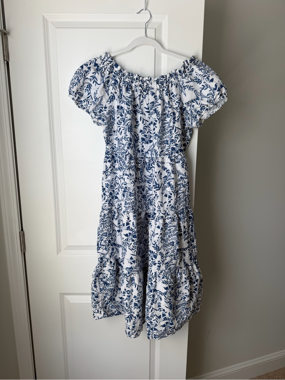 Saks Fifth Ave White Blue Floral Off Shoulder Smocked Dress 100% Linen XL